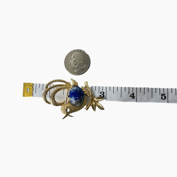 Vintage Bird Brooch Blue Stone Cabochon Textured Gold Tone Swirl Tail 2 Inch - Picture 11 of 11